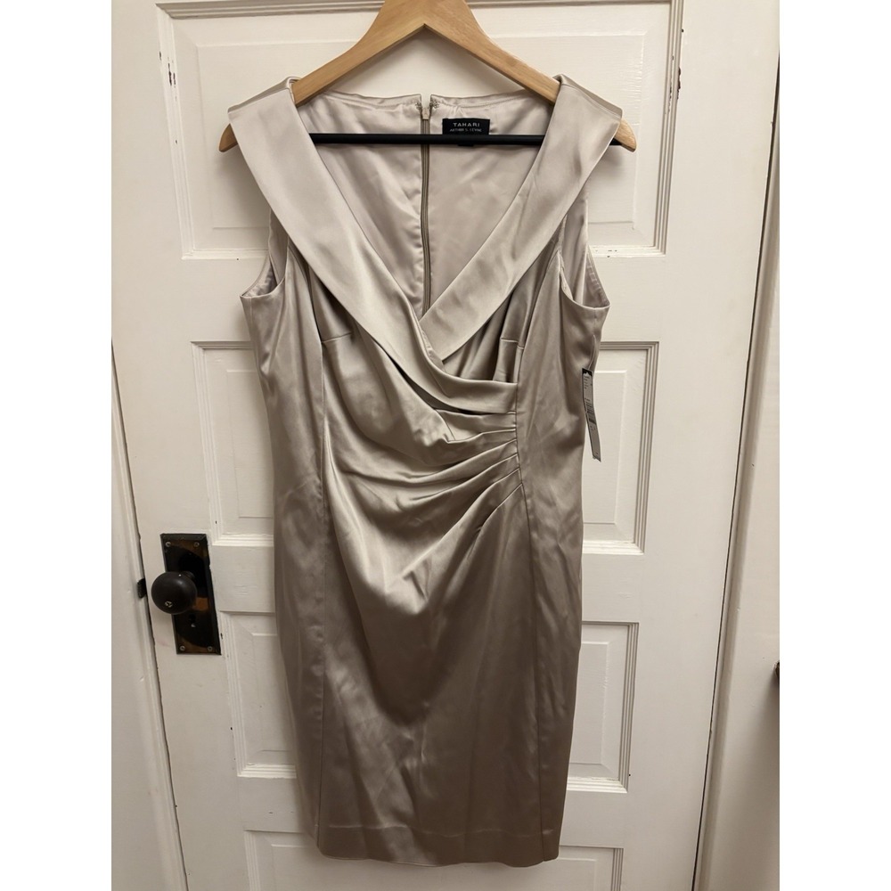 Tahari Women's‎ Beige Satin Collared Sleeveless Cocktail Dress Size 12 New $138